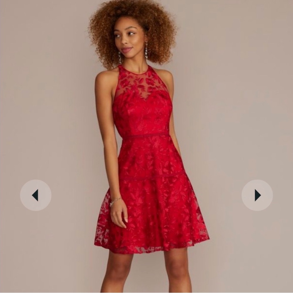 NWT Red Lace Halter Fit & Flare Dress with Illusion Neckline